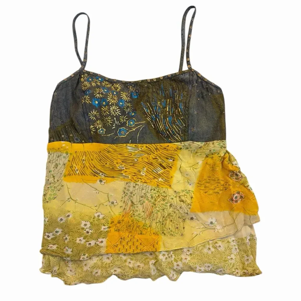 Vintage Y2K European Denim Embellished Crop Top With Layered Floral Ruffles - Picture 1 of 8